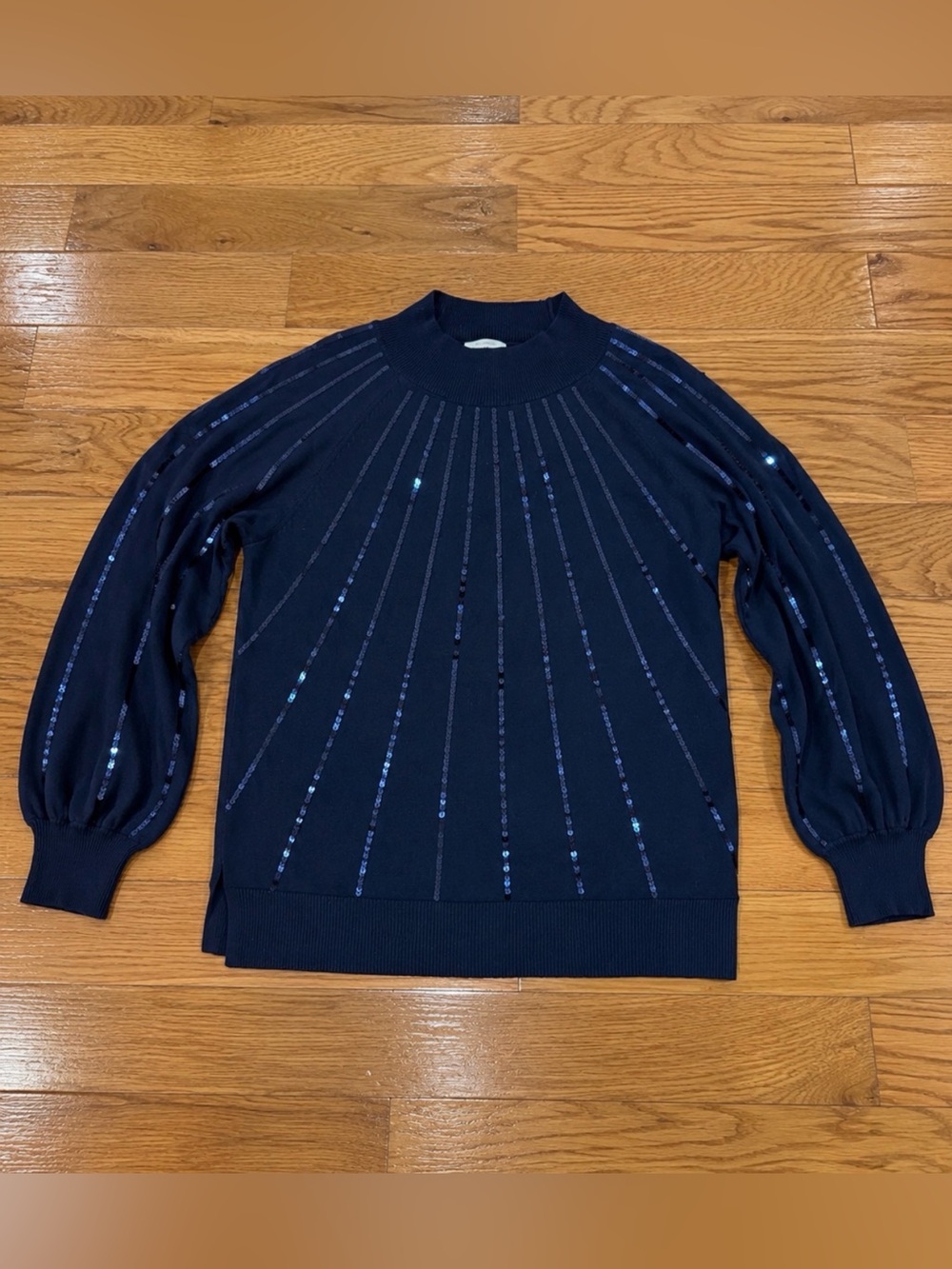 Jingle Belles by Kim Gravel Star Burst Sequin Glam Mock Neck Sweater Blue SMALL